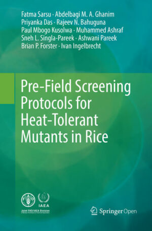 This open access book presents simple, robust pre-field screening protocols that allow plant breeders to screen for enhanced tolerance to heat stress in rice. Two critical heat-sensitive stages in the lifecycle of the rice crop are targeted  the seedling and flowering stages  with screening based on simple phenotypic responses. The protocols are based on the use of a hydroponics system and/or pot experiments in a glasshouse in combination with a controlled growth chamber where the heat stress treatment is applied. The protocols are designed to be effective, simple, reproducible and user-friendly. The protocols will enable plant breeders to effectively reduce the number of plants from a few thousands to less than 100 candidate individual mutants or lines in a greenhouse/growth chamber, which can then be used for further testing and validation in the field conditions. The methods can also be used to classify rice genotypes according to their heat tolerance characteristics. Thus, different types of heat stress tolerance mechanisms can be identified, presenting opportunities for pyramiding different (mutant) sources of heat stress tolerance.