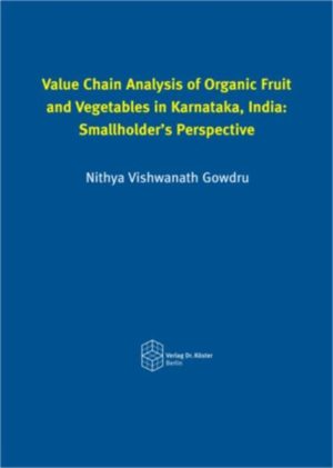 Honighäuschen (Bonn) - In India, value chain analyses of organic fruit and vegetables are scarce. With that in mind, a value chain analysis is employed to analyze the scope of local strategies to access and secure the continued participation of smallholder organic fruit and vegetable producers in the India domestic market. Within the framework of both qualitative and quantitative research design, rural Bangalore and the district of Kolar in Karnataka are chosen as sample areas where organic fruit and vegetables are grown. Findings of this research have implications for policy-makers and, marketing professionals in organic agriculture development, by calibrating appropriate strategies to promote smallholders organic agriculture, marketing, and enabling environment in Karnataka, India.