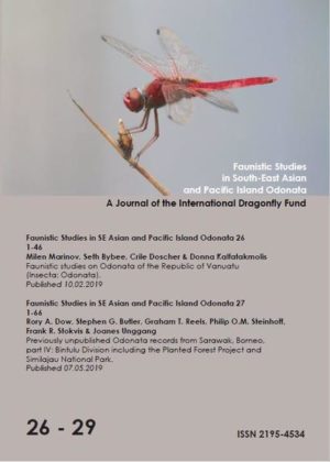 Honighäuschen (Bonn) - Issue 26 (2019): Faunistic studies on Odonata of the Republic of Vanuatu (Insecta: Odonata) (Milen Marinov, Seth Bybee, Crile Doscher & Donna Kalfatakmolis). 46 Seiten, 60 Farbfotos, 1 farbige Karte, 5 Tabellen Issue 27 (2019): Previously unpublished Odonata records from Sarawak, Borneo, part IV: Bintulu Division including the Planted Forest Project and Similajau National Park (Rory A. Dow, Stephen G. Butler, Graham T. Reels, Philip O.M. Steinhoff,Rory A. Dow, Stephen G. Butler, Graham T. Reels, Philip O.M. Steinhoff, Frank R. Stokvis & Joanes Unggang). 66 Seiten, 13 Farbfotos, 4 farbige Karten Issue 28 (2019): Contribution to the Odonata fauna of the Society Islands, French Polynesia (Insecta: Odonata) (Milen Marinov, Frederic A. Jacq, Thibault Ramage & Crile Doscher). 37 Seiten, ca. 70 Farbfotos, 2 farbige Karten Issue 29 (2019): Odonata survey on some of the outer islands of Belitung Regency, Belitung island, Indonesia (Akbar Alfarisyi). 34 Seiten, 26 Farbfotos, 12 farbige Karten, Checkliste
