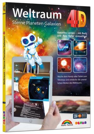 Honighäuschen (Bonn) - Weltraum  Sterne - Planeten - Galaxien Virtuelles Lernen  mit Buch und App tiefer eintauchen Komm mit auf eine spannende Reise durch die unendlichen Weiten des Weltraums! Dieses Buch bietet dir zusammen mit der kostenlosen App fürs Tablet oder Smartphone die einzigartige Chance, besondere Orte unseres Sonnensystems und fremder Galaxien zu entdecken. Mithilfe der bahnbrechenden Augmented Reality erforschen du und dein sprechender Roboterassistent Sterne, Planeten und Galaxien  und das hautnah. Erfahre mehr über die Struktur der Planeten, ihre Oberfläche und Temperaturen, die Entfernung zur Sonne und ihre Position im Sonnensystem. Was ist der Unterschied zwischen Astronomie und Astrologie? Wie entsteht ein Stern? Dieses Buch vermittelt Wissen leicht verständlich und interaktiv. Bildung war noch nie so effektiv und unterhaltsam wie mit dieser 4D-Buchreihe. Unsere Vision ist, Lernen zu einem nachhaltigen Erlebnis für Groß und Klein zu machen, das den Anforderungen der digitalen Welt gerecht wird. Sehen, Hören und Interagieren. Je mehr unsere Sinne angeregt werden, desto besser bleiben uns Fakten und Zusammenhänge im Gedächtnis. Dieses neue Konzept ist die perfekte Verbindung zwischen einem physischen Buch und den spektakulären Möglichkeiten heutiger Technologie. Aus dem Inhalt: - Unser Sonnensystem - Sonne, Mond, Erde - Planeten und Zwergplaneten - Asteroidengürtel - Säulen der Schöpfung - Schwarzes Loch - Die Milchstraße - Exoplaneten