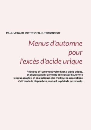 Cet ouvrage est dédié à toutes les personnes souffrant d'excès d'acide urique et il offre aux détenteurs des ouvrages du même auteur : « Quelle alimentation pour l'excès d'acide urique ? » et « Recettes et menus pour l'excès d'acide urique » un ouvrage parfaitement complémentaire. L'auteur vous propose trois mois de menus spécifiquement adaptés à votre hyperuricémie, tous très simples à mettre en pratique grâce à des plats, des légumes et des fruits d'automne vous étant proposés, vous permettant ainsi de mieux adapter votre alimentation à votre pathologie. Un ouvrage diététique de référence pour celles et ceux qui souhaitent éviter de futures crises de goutte et/ou de coliques néphrétiques uriques grâce à leur alimentation !