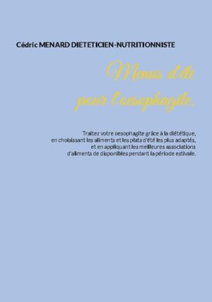 Cet ouvrage est dédié à toutes les personnes souffrant d'oesophagite et il offre aux détenteurs des ouvrages du même auteur : « Quelle alimentation pour l'oesophagite ? » et « Recettes et menus pour l'oesophagite » un ouvrage parfaitement complémentaire. L'auteur vous propose trois mois de menus spécifiquement adaptés à votre oesophagite, tous très simples à mettre en pratique grâce à des plats, des légumes et des fruits d'été vous étant proposés, vous permettant ainsi de mieux adapter votre alimentation à votre pathologie. Un ouvrage diététique de référence pour celles et ceux qui souhaitent traiter efficacement leur oesophagite grâce à leur alimentation !