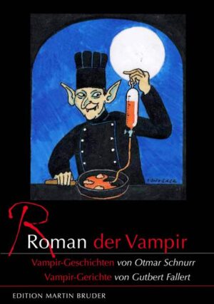 Ein literarisches Vampir-Experiment von sechs mutigen Vampir-Fans: Autor Otmar Schnurr, Sterneköche Gutbert und Marius Fallert, Titelblattzeichner Tomi Ungerer, Fotograf Peter Jülg und Verleger Martin Bruder. Sie laden ein zu einer spannenden Vampir-Reise durch den Schwarzwald, von Stuttgart über Baden-Baden und das Elsass bis nach Basel. Hier trifft der Leser Roman den Vampir mit seinem Hunger auf blutrote Köstlichkeiten. Mit kulinarischer Vampir-Küche überraschen die Sterneköche der „Talmühle“, Gutbert und Marius Fallert und und servieren gut nachzukochende blutrote Speisen. Schon die Fotos machen Lust auf Vampir-Küche. Blutrot zieht sich der Faden durch 21 Vampir-Gerichte, von „Roten Lollis auf der Gurke“ bis zum Feuerrisotto und dem Cassissorbet im roten Sektbad. Das hochwertig produzierte Buch fasziniert Leseratten und Hobbyköche und inspiriert zu einem blutroten Vampir-Kochevent für Familie und Freunde.