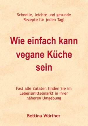 „Wie einfach kann vegane Küche sein“ bietet Rezepte für jeden Tag! Schnell, einfach, gesund und lecker. Entdecken Sie, wie vielseitig die vegane Küche ist. Sie werden überrascht sein. Dieses Kochbuch ist in 15 Kategorien gegliedert. Sie finden Suppen, Salate, indische und italienische Gerichte, Bratlinge, Ideen mit Tofu und Sojafleisch, Saucen, Aufstriche, Desserts u.v.m. Nahezu jedes Rezept ist mit einem Foto abgebildet. Und fast alle Zutaten finden Sie im Lebensmittelmarkt in Ihrer Nähe.