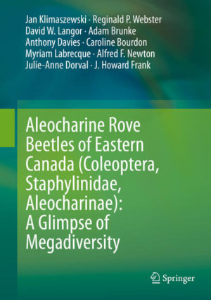 Honighäuschen (Bonn) - A first comprehensive synopsis of all aleocharine rove beetle species (Coleoptera, Staphylinidae) recorded from eastern Canada, from Ontario to the Maritime Provinces inclusively, is presented. Four hundred and seven species in 96 genera, and 16 tribes are presented and discussed.Tribes and subtribes are arranged in presumably phylogenetic order as it is currently recognized. Genera and subgenera are listed alphabetically. Species are listed alphabetically or in species groups to better reflect their relationships. Species distribution is listed by abbreviated provinces and territories in Canada and abbreviated states in the United States. Geographic status is given to every species as Native, Holarctic or adventive with some species listed with undetermined status - adventive or Holarctic. Every treated species is presented with a diagnosis, including short description of body and description of the median lobe of aedeagus, spermatheca, and tergite and sternite VIII of both sexes. For each species a plate with colour habitus image and black and white images of genital structures is provided to aid with positive identification. Collection and habitat data (often new) are presented for each species, including data on macrohabitat, microhabitat, collecting period, and collecting methods.