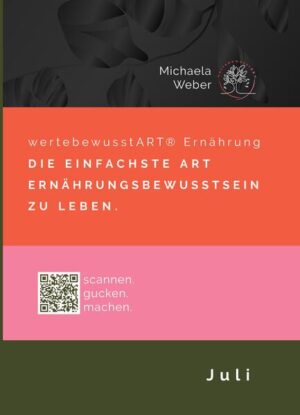 Das wertbewusstART Ernährungskochbuch wurde von Anfang bis Ende von der Ernährungs-Autorin Michaela Weber selbst kreiert. Sie zeigt uns gesunde, pflanzenbasierte Vollwertrezepte für eine genussvolle Selbstfürsorge. Mehr noch, das saisonale Ernährungskochbuch schafft eine Alltagsküche auf eine ganz einfache Art und Weise. Die Gerichte sind keine große Herausforderung - das kann jeder. Sie verbindet Körper, Geist und Umweltgesundheit und schafft damit ein neues Ernährungsbewusstsein. Das Buch ist nach dem Saison Monat Juli geordnet und mit den vorbereiteten Menüplänen schlemmen wir uns durch abwechslungsreiche 5-Tägige-Gesundheitswochen. Darüber hinaus finden wir bei den Einkaufs- und Vorratslisten ausführliche Hinweise, wie bewusster Lebensmittelkonsum funktioniert. Und auch die farbig gekennzeichneten Lebensmittelgruppen geben eine gute Orientierung. Michaela gestaltet für uns eine gesunde und minimalistische Lebensmittel-Vorratshaltung, ein kleines Basislager, das fest verwurzelt ist und trotzdem viel Freiraum für Abwechslung lässt. Ein System gegen Lebensmittelverschwendung! In diesem Ernährungskochbuch wird alles bis zum Ende verbraucht, weil jedes Lebensmittel perfekt auf die Gerichte abgestimmt wurde oder in der Resteküche verarbeitet wird. Wir freuen uns auf eine gesunde Essenswelt. Hier bleibt nichts dem Zufall überlassen, weil das Thema Ernährungsbewusstsein ernst genommen wird. Zusammen mit den "mitMach" Aufgaben und den lesenswerten Geschichten über die verarbeiteten Lebensmittel, schafft die Essensliebhaberin ein ganzheitliches System, das schmeckt und ganz natürlich ist. Wir erleben eine Ernährungswelt mit viel Gesundheit, Begeisterung und Mut. Das Ziel ist, dein Inneres gut zu versorgen und die äußere Welt besser zu machen.