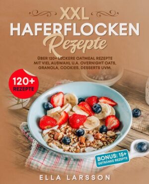 Haferflocken Rezepte - Über 120+ leckere Oatmeal Gerichte für die ganze Familie. Das Haferflocken Rezeptbuch mit viel Auswahl u.a. Granola, Overnight Oats, Desserts uvm. Dieses Haferflocken Rezeptbuch ist voll von köstlichen, leicht zuzubereitenden Rezepten! Mit über 120+ Gerichten zur Auswahl, finden Sie in diesem Kochbuch bestimmt das, wonach Sie suchen... Hafer ist unglaublich nahrhaft... Die Nährstoffzusammensetzung von Hafer ist sehr ausgewogen. Er ist eine gute Quelle für Kohlenhydrate und Ballaststoffe, einschließlich des starken Ballaststoffs Beta-Glucan. Er ist auch eine gute Quelle für hochwertiges Eiweiß mit einem ausgewogenen Anteil an essenziellen Aminosäuren. Hafer ist reich an wichtigen Vitaminen, Mineralien und antioxidativen Pflanzenstoffen. Haferflocken sind sehr sättigend und können beim Abnehmen helfen - Abnehmen mit Haferflocken Haferflocken (Porridge) sind nicht nur ein köstliches Frühstücksessen, sondern auch sehr sättigend. Der Verzehr von sättigenden Lebensmitteln kann Ihnen helfen, weniger Kalorien zu sich zu nehmen und Gewicht zu verlieren. Indem das Beta-Glucan in Haferflocken die Entleerung des Magens verzögert, kann es das Sättigungsgefühl steigern. Stärkt die Immunität Vollkornhaferflocken sind reich an immunstärkenden Nährstoffen. Sie sind eine gute Quelle für Ballaststoffe, die mit einer Veränderung der Immunzellenaktivität in Verbindung gebracht werden. Außerdem haben die Beta-Glucane in Haferflocken antimikrobielle und antioxidative Eigenschaften. Eine 2011 im Immune Network veröffentlichte Studie legt nahe, dass Beta-Glucane die Reaktion des Immunsystems auf bakterielle Infektionen verbessern. (mehr Tipps finden Sie im Haferflocken Buch)