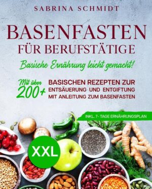 Basenfasten für Berufstätige leicht gemacht! Über 200+ basischen Rezepten zur Entsäuerung und Entgiftung - inkl. 7-Tage Basenfasten Ernährungsplan Um was geht es beim Basenfasten? Basenfasten ist eine Entschlackungs- und Entgiftungskur für den Körper, die etwa eine bis maximal zwei Wochen dauert. Das Besondere daran ist, dass man sich während des Fastens nur von basischen Lebensmitteln ernährt. Ziel ist es, mit Hilfe der richtigen Ernährungsumstellung die Darmflora zu stärken und Entzündungen im Darmtrakt zu reduzieren, damit dieser sich regenerieren kann. Beim Basenfasten meidet man ungesunde Lebensmittel und lässt bewusst Lebensmittel weg, die Säuren oder Stoffwechselgifte bilden. Es gibt immer mehr Menschen, die sehr viel Wert auf ihre Ernährung legen und sich zum Beispiel ausschließlich vegetarisch oder vegan ernähren. Für viele von uns sollte das Essen aber vor allem eines sein: leicht zuzubereiten. Wir leben in einer Zeit, in der alles schnell gehen muss. Hektik und Stress gehören zum Alltag und nur die wenigsten Menschen nehmen sich wirklich die Zeit, ihre Lebensmittel sorgfältig auszuwählen, jeden Tag frisch zu kochen und in Ruhe zu essen. Hier kommt das Basenfasten ins Spiel! Denn eine ungesunde Ernährung, unverhältnismäßig große Portionen, Hektik, Stress, wenig Bewegung und Genussmittel in Form von Alkohol, Zigaretten und Kaffee hinterlassen ihre Spuren. Wenn Sie dem entgegenwirken wollen, kommen Sie nicht umhin, Ihren Körper zu entlasten und zu regenerieren. Sicherlich haben Sie in diesem Zusammenhang schon einmal vom Heilfasten gehört? Dabei wird für eine bestimmte Zeit - idealerweise unter ärztlicher Aufsicht - fast vollständig auf die Nahrungsaufnahme verzichtet. Basenfasten bietet also eine wunderbare Alternative zum Heilfasten und ist nicht umsonst eine beliebte Variante der Entgiftung. Beim Basenfasten muss man sich nicht hungern, sondern kann sich satt essen und nebenbei den Körper entgiften. Das ist zwar nicht ganz so einfach, aber immerhin braucht man keine ärztliche Aufsicht. Außerdem können Sie die Kur viel leichter in Ihren Alltag integrieren. Klingt ziemlich verlockend, nicht wahr? Hier einige Tipps… - Leckeres Obst - aber bitte nicht mehr als ein Viertel. Wie das? Wie das geht? Der Obstanteil in Ihrer Ernährung sollte während des Basenfastens 20 bis 25 Prozent nicht überschreiten. Und warum? Weil sonst ein empfindlicher Magen-Darm-Trakt rebelliert! - Vorsicht mit Rohkost: Wenn Sie einen empfindlichen Darm haben, kann zu viel Obst und Rohkost zu Blähungen und Bauchschmerzen führen. Wechseln Sie in diesem Fall vollständig zu gedünstetem, gekochtem oder gebratenem Gemüse. Achten Sie darauf, dass das Gemüse nicht völlig zerkocht ist. Je bissfester das Gemüse ist, desto mehr Vitamine enthält es. - Halten Sie sich mit den Gewürzen zurück! Diese reizen die Geschmacksknospen und lassen das Sättigungsgefühl länger auf sich warten. Und natürlich: Wenn Sie während des Basenfastens würzen, verwenden Sie bitte Gewürze ohne Geschmacksverstärker. (mehr Tipps und Hinweise finden Sie im Buch)