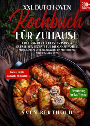 Dieses Dutch Oven-Kochbuch ist voll von köstlichen, leicht zuzubereitenden Rezepten! Mit über 300+ Rezepten zur Auswahl, finden Sie in diesem Kochbuch bestimmt das, wonach Sie suchen... Was ist ein Dutch Oven? Ein Dutch Oven ist ein schwerer Kochtopf mit einem dicht schließenden Deckel, der sich gut zum Schmoren eignet. Dutch Ovens eignen sich auch hervorragend für die Zubereitung von Suppen und Eintöpfen. Aufgrund seines Gewichts und seiner Schwere werden Sie einen Dutch Oven wahrscheinlich nicht jeden Tag benutzen, aber er ist ein großartiges Gerät für langsames Kochen. Verwendungszwecke für einen Dutch Oven Ein Dutch Oven kann sowohl auf dem Herd als auch im Backofen verwendet werden und ist in der Regel aus Gusseisen gefertigt. Dutch Ovens aus Gusseisen müssen wie alle anderen gusseisernen Kochgeschirre vor dem Gebrauch gewürzt werden. Da sie sehr hitzebeständig sind, können gusseiserne Dutch Ovens auch zum Frittieren verwendet werden. Wie kann gekocht werden? Moderne Dutch Ovens können auf dem Herd ähnlich wie ein Suppentopf oder im Ofen wie eine Backform verwendet werden. Das robuste Metall oder die Keramik halten einer Vielzahl von Temperaturen und Kochmethoden stand. Fast jede Kochaufgabe kann in einem Dutch Oven erledigt werden. -Suppen und Eintöpfe: Dutch Ovens sind aufgrund ihrer Größe, Form und dicken Konstruktion perfekt für Suppen und Eintöpfe geeignet. Das schwere Metall oder die Keramik leitet die Wärme gut und kann die Speisen lange Zeit warm halten. Dies ist nützlich für lange köchelnde Suppen, Eintöpfe oder Bohnen. -Braten: Dutch Ovens, die in einen Ofen gestellt werden, leiten die Wärme und geben sie aus allen Richtungen an die darin befindlichen Speisen ab. Die Fähigkeit des Kochgeschirrs, diese Wärme zu speichern, bedeutet, dass für lange, langsame Kochmethoden weniger Energie benötigt wird. Der ofenfeste Deckel hilft, die Feuchtigkeit zu speichern und verhindert das Austrocknen während langer Garzeiten. Daher eignen sich Dutch Ovens perfekt zum langsamen Braten von Fleisch oder Gemüse. -Kasserollen: Da ein Dutch Oven vom Herd in den Ofen geschoben werden kann, ist er das perfekte Gerät für Aufläufe. Fleisch oder Gewürze können im Dutch Oven auf dem Herd angebraten werden, und dann kann der Auflauf im selben Topf zusammengesetzt und gebacken werden. (mehr Informationen finden Sie im Buch)