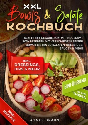 Dieses Bowls-Salate-Kochbuch ist voll von köstlichen, leicht zuzubereitenden Rezepten! Mit über 303+ Rezepten zur Auswahl, finden Sie in diesem Kochbuch bestimmt das, wonach Sie suchen... Die Bowl und weiter? Beim Zusammenstellen einer Bowl ist Ausgewogenheit das A und O. Danach ist alles möglich. Viele Restaurants bieten die Möglichkeit, die Bowl selbst zusammenzustellen, was Ihnen eine Vorstellung davon gibt, wie vielseitig das Gericht sein kann. Einige der besten Bowls sind die, die man aus Resten oder dem, was man gerade im Kühlschrank hat, zubereitet. Hier ist eine kurze Übersicht, wie Sie Ihre eigene machen können: 1. Wählen Sie einen körnigen Boden. Füllen Sie den Boden einer großen Schüssel ⅓ des Bodens mit heißen oder kalten Vollkornprodukten wie braunem Reis, Bulgur, Gerste, Quinoa oder Polenta. Vollkorngetreide ist die häufigste Grundlage für Bowls, aber Sie können auch andere komplexe Kohlenhydrate wie Kartoffeln, Vollkornnudeln und Nudeln verwenden, die die Aromen ebenfalls gut aufnehmen. 2. Häufen Sie das Gemüse. Ordnen Sie eine Reihe von Gemüsesorten büschelweise auf dem Boden an. Wählen Sie Gemüse mit Farben und Konsistenzen, die sich gegenseitig ergänzen, z. B. knackigen gedünsteten Brokkoli mit zarten Butternusskürbiswürfeln, cremige Avocadoscheiben mit knackigen Maiskörnern oder saftige rote Beete mit hellgrünen Erbsen. Verwenden Sie so viele, wie Sie möchten. Achten Sie bei der Zubereitung darauf, dass alle Beläge mundgerecht sind, damit sie sich leicht vermengen und mit einer Gabel oder einem Löffel essen lassen. Was darf nicht fehlen? - ein hausgemachtes Dressing… Wenn ein Dressing hausgemacht ist, ist es in den meisten Fällen auch gesund. Es enthält keine Konservierungs- und Zusatzstoffe, die in gekauften Dressings enthalten sind. Ein Dressing muss die folgenden Richtlinien erfüllen, um als gesund zu gelten: Enthält keine verarbeiteten Zutaten oder Zusatzstoffe - kein Sojalecithin, Maissirup mit hohem Fructosegehalt, Zucker und andere verarbeitete Zusatzstoffe, die gekaufte Dressings jahrelang haltbar machen. Außerdem enthält es keine verarbeiteten Öle wie Raps- oder Pflanzenöl. Diese Öle wurden raffiniert, wodurch ihnen ein Teil ihres Nährwerts genommen wurde Wenig oder kein Zucker - Übermäßiger Zuckerkonsum wird mit Diabetes, Fettleibigkeit und Herzkrankheiten in Verbindung gebracht. Wenn ein Dressing einen Hauch von Süße braucht, werden natürliche Zuckerarten wie Honig oder Ahornsirup in geringen Mengen verwendet. Enthält echte Lebensmittel - Im Allgemeinen bestehen gesunde Dressings aus echten Lebensmitteln, die nur wenige oder weniger Zutaten enthalten. (mehr Informationen finden Sie im Buch)