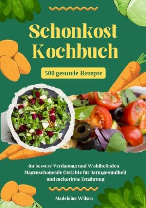 Schonkost Kochbuch: 500 gesunde Rezepte für bessere Verdauung und Wohlbefinden - Magenschonende Gerichte für Darmgesundheit und zuckerfreie Ernährung Ich freue mich, dir das „Schonkost Kochbuch: 500 gesunde Rezepte für bessere Verdauung und Wohlbefinden“ vorzustellen! Dieses Buch ist deine ideale Begleitung auf dem Weg zu einer gesunden Ernährung. Es hilft dir, Magen-Darm-Beschwerden zu lindern und dein allgemeines Wohlbefinden zu steigern. Mit 500 köstlichen und abwechslungsreichen Rezepten bietet dieses Kochbuch eine Fülle an Ideen für eine schmackhafte und schonende Ernährung. Egal, ob du leichte Mahlzeiten suchst, die deine Verdauung fördern, oder spezielle Rezepte für die Darmgesundheit und Magenbeschwerden benötigst - hier wirst du fündig. Freu dich auf eine bunte Auswahl an vegetarischen und veganen Schonkost-Varianten, die deinem Körper helfen, sich optimal zu regenerieren. Darüber hinaus findest du spezielle Rezepte für Diabetiker, Menschen nach Operationen oder bei Beschwerden wie Reizdarm und Gastritis. Auch für diejenigen, die nach zuckerfreien Rezepten suchen, hält dieses Buch viele großartige Ideen bereit. Neben den leckeren Rezepten erfährst du, wie du deine Darmflora durch die richtige Ernährung stärken kannst. Entdecke, welche Lebensmittel dir bei bestimmten Beschwerden guttun und wie du langfristig eine gesunde Darmgesundheit fördern kannst. Lass dich inspirieren und entdecke, dass Schonkost nicht nur gesund, sondern auch unglaublich schmackhaft sein kann. Ob für den Alltag oder besondere Anlässe - dieses Buch hilft dir, magenschonende Gerichte zu zaubern, die dich und deinen Körper rundum gut versorgen. In diesem Buch findest du: • 500 gesunde, magenschonende Rezepte für eine bessere Verdauung • Vegetarische und vegane Gerichte für eine ausgewogene Ernährung • Zuckerfreie Leckereien für Diabetiker und gesundheitsbewusste Esser • Spezielle Rezepte zur Linderung von Magen-Darm-Beschwerden wie Reizdarm oder Gastritis • Tipps und Informationen zur langfristigen Förderung deiner Darmgesundheit Mach dich bereit für gesunde und leckere Schonkost-Rezepte, die dir helfen, Magen-Darm-Beschwerden zu lindern und deine Darmgesundheit zu fördern!