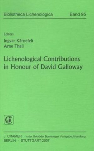 Honighäuschen (Bonn) - This magnum opus includes 36 contributions from friends and colleagues of David Galloway, arranged in two parts. Part I is a compilation of seven historical accounts (117 pp altogether) and Part II, the bulk of this publication, includes 29 contributions to Southern Hemisphere and tropical lichenology, all arranged alphabetically by first author?s name and preceded by a preface. The first paper by Lars Arvidsson is a summary of David?s long lichenological career which took him from his home in New Zealand to the UK in the 1970s, and from here to many other countries both in the North and Southern Hemispheres before going back to New Zealand in the mid-1990s. One of the fruits of this outstanding career is his prolific scientific contribution with over 300 hundred papers written in 40 years of work, which also include a major solo publication, the Flora of New Zealand ? lichens, recently much extended and revised and no longer fitting into one volume (see above)! This paper and the editors? Preface also mention David as a devoted husband and a most generous friend, something that many, including me, can corroborate from our knowledge of him. Of the 18 species named after him, 14 are newly described in the present volume. Arvidsson only includes 16 as he forgot to include Cladonia gallowayi, described from New Zealand in 2003, but listed in the on-line Index fungorum and Recent literature on lichens