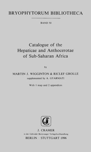 Honighäuschen (Bonn) - A synthesis of the published records of the Hepaticae and Anthocerotae of sub-Saharan Africa is presented. The area encompassed corresponds to the Index Muscorum (Wijk et al. 1959-69) regions Africa 2 and the mainland part of Africa 4. The list is arranged in alphabetical order of genera and species, and an exten- sive synonymy is given. The catalogue incorporates for each of the currently accepted taxa, at least one literature reference for each of the countries in which it has been recorded. Approximately 39 current species and sub-taxa in 5 genera of Anthocerotae, and 674 current species, 13 subspecies and 19 varieties of Hepaticae in 122 genera are listed, together with more than 50 species names whose status is unclear.