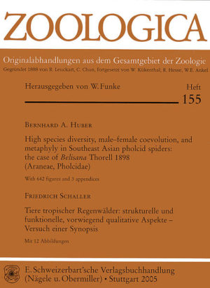 Honighäuschen (Bonn) - The first part of Vol. 155 deals with the species-rich southeast Asian spider genus Belisana Thorell 1898. Previously, the genus contained only two species. Nine species are transferred from Spermaphora, and 53 species are newly described. Alternative taxonomic options are discussed. In the second part, the author travelled through South America, Africa, Borneo exploring the different rainforests for 40 years. By this article the author wants to draw our attention to interrelations between the members in a rainforest community and gaps in our knowledge of topical animal ecology.