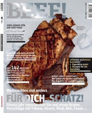 Das kochen Männer BEEF! ist Deutschlands erstes Food-Bookazine für Männer, die leidenschaftlich gern kochen, essen und genießen. In BEEF! finden Sie all das, was Sie bislang in dieser kompakten Form vermisst haben: umfangreiches Expertenwissen zu handwerklichen Techniken und Warenkunde, anspruchsvolle, von Profis exklusiv entwickelte Rezepte und Menüs, ausgewählte Bestelladressen für Lebensmittel und Weine, Gerätetests mit Kaufberatung und Reportagen aus aller Welt von Orten, von denen Hobbyköche träumen. Und das alles auf eine unterhaltsame Art, die Spaß macht - in modernem Design und einer aufregenden neuen Bildsprache. BEEF! ist ein extrem hochwertiges Bookazine, eine Mischung aus Buch und Zeitschrift, gestaltet mit aufwendigen Veredelungstechniken und Sonderpapieren. Jede Ausgabe ist ein Unikat zum Sammeln.