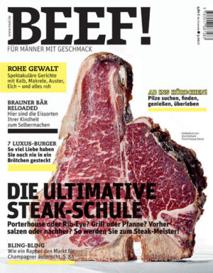 Das mögen Männer! BEEF! ist Deutschlands erstes Food-Bookazine für Männer, die leidenschaftlich gern kochen, essen und genießen. In BEEF! finden Sie all das, was Sie bislang in dieser kompakten Form vermisst haben: umfangreiches Expertenwissen zu handwerklichen Techniken und Warenkunde, anspruchsvolle, von Profis exklusiv entwickelte Rezepte und Menüs, ausgewählte Bestelladressen für Lebensmittel und Weine, Gerätetests mit Kaufberatung und Reportagen aus aller Welt von Orten, von denen Hobbyköche träumen. Und das alles auf eine unterhaltsame Art, die Spaß macht - in modernem Design und einer aufregenden neuen Bildsprache. BEEF! ist ein extrem hochwertiges Bookazine, eine Mischung aus Buch und Zeitschrift, gestaltet mit aufwendigen Veredelungstechniken und Sonderpapieren. Jede Ausgabe ist ein Unikat zum Sammeln. - Weltklasse Steaks: So gelingen Ihnen die besten Steaks Ihres Lebens - Von wegen Suppe: Das sind Kunstwerke zum Auslöffeln! Acht unfassbar gute Rezepte - Ostsee-Riesen: Einmal im Jahr ist Rügen das Eldorado der Lachsangler: die frische Reportage - Geh auf mein Herz! So gelingen Ihnen diese wahnsinnig sensiblen Soufflés jetzt immer - Ja zum Slowfood: Brillante Burger zum selber backen: vom Brötchen zum Belag - Kalte Küche de Luxe: Neun unverschämt leckere Rezepte mit rohen Zutaten. Exklusiv für Sie entwickelt - Willkommen zurück, Berry! Ihr Kindheits-Eis zum Selbermachen. Auch dabei: Dolomiti, Cola Pop, Brauner Bär & Co. - World Wide Wüste: Was wir von den Food-Logistikern des kleinen Wüstenstaates Dubai lernen können. Lesen und staunen -.Noch einer! Eine Such- und Finde-Reportage aus dem Pilz-Paradies Polen