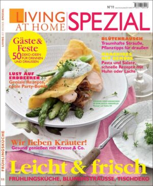 Frühlingsküche und Blütenträume Die Themen dieser Ausgabe im Überblick: • Leicht und frisch: Frühlingsküche, Blumensträuße, Tischdeko • Gäste & Feste: 50 Deko-Ideen für drinnen und draußen • Lust auf Erdbeeren: Geniale Rezepte, coole Party-Bowle • Blütenrausch: Traumhafte Sträuße, Pflanzentipps für draußen • Knackiges mit Gemüse: Pasta und Salate, schnelle Rezepte mit Huhn und Lachs • Wir lieben Kräuter! Gesund genießen mit Kresse & Co.