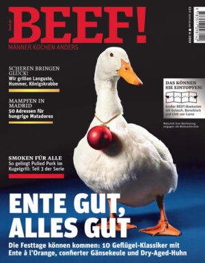 Ente gut, alles gut - die Festtage können kommen In der BEEF 6/2019 gibt es 10 Geflügel-Klassiker zu den Festtagen und einen großen BEEF!-Baukasten für Eintöpfe mit Gulasch, Borschtsch und Chili con Carne. Außerdem den dritten Teil der Serie "Smoken für alle": so gelingt Pulled Pork im Kugelgrill. Für hungrige Matadores werden 50 Adressen in Madrid geliefert und unter dem Motto "Scheren bringen Glück" wird gezeigt, wie Hummer, Languste und Königskrabb zu grillen sind. Ausstattung: mit zahlreichen Farbfotos