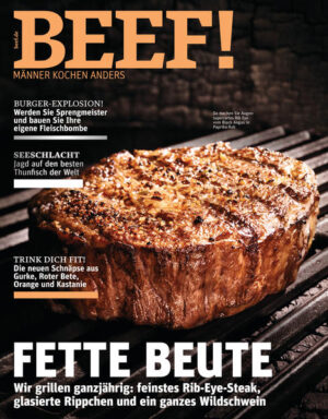 Fette Beute: wir grillen ganzjährig In BEEF!-Heft 55 gibt es "Fette Beute - wir grillen ganzjährig: feinstes Rib-Eye-Steak, glasierte Rippchen und ein ganzes Wildschwein". Außerdem werden unter "Trink dich fit" die neuen Schnäpse aus Gurke, Roter Beete, Orange und Kastanie präsentiert