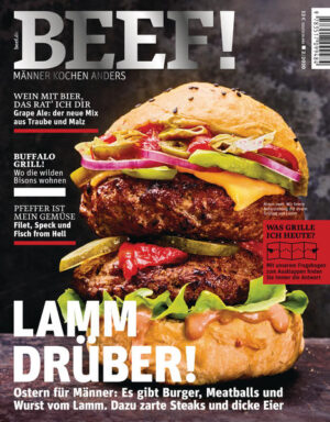 Lamm drüber - Ostern für Männer bei BEEF! Ostern für Männer - es gibt Burger, Meatballs und Wurst vom Lamm, dazu zarte Steaks und dicke Eier! Außerdem: -Wein mit Bier, das rat´ich dir - Grape Ale, der neue Mix aus Traube und Malz -Buffalo Grill - wo die wilden Bisons wohnen -Pfeffer ist mein Gemüse - Filet, Speck und Fisch from Hell Dazu gibt es den Fragebogen zum Ausklappen, der immer eine Antwort auf die Frage "Was grill ich heute?" parat hat. Ausstattung: mit zahlreichen Farbfotos