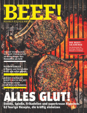 Alles Glut! 62 feurige Rezepte... In Heft 3/2020 wird alles Glut - durch 62 feurige Rezepte mit Steaks, Spießen, Frikadellen und superkrossen Rippchen. Dazu gibt´s Trost vom Rost mit der Wurst-Therapie - 10 dicke Dinger für´s Homeoffice am Grill. Und die besten neuen Craft-Biere und Rotweine ganz nach dem Motto "Nicht trinken hilft auch nicht". Außerdem werden die großen Grills von 9 Heimwerkern präsentiert - alle selbst gebaut. Zudem kann man(n) auf der BEEF!-Akademie seinen Pitmaster in 9 Stücken machen - von Nackensteak bis Hochrippe. Ausstattung: mit zahlreichen Farbfotos