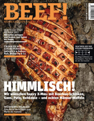 BEEF! Männer kochen anders Heft 6/2020 bietet: -Himmlisch! Wir wünschen heavy X-Mas: mit Bourbon-Schinken, Gans, Pute, Rehkeule - und echten Männer-Waffeln. -Zerteile und herrsche! Hähnchen zerlegen und braten: von Kamm bis Keule. -Trinken wie ein Superheld: Cocktails à la Batman, Hulk, Wolverine & Co. -Wüstenschlacht: eine Reise nach Oman zum Markt der Kamele. Und zum Ausklappen diesmal das Mega-Grillmenü mit Flap Steak satt! Ausstattung: mit zahlreichen Farbfotos