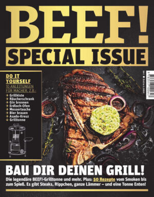 Bau dir deinen Grill! Die legendäre BEEF!-Grilltonne und mehr In Heft 1/2021 gibt es gleich zehn Anleitungen für Macher, z.B.: -Grillkiste -Räucherschrank -Gin brennen -Erdloch-Ofen -Messertasche -Bier brauen -Asado-Kreuz -Grilltonne Plus 50 Rezepte vom Smoken bis zum Spieß. Es gibt Steaks, Rippchen, ganze Lämmer - und eine Tonne Enten! Ausstattung: mit zahlreichen Farbfotos