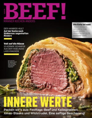 BEEF! denn Männer kochen anders In dieser Weihnachtsausgabe finden Sie: -Innere Werte - Packen wir´s aus: Festtags-Beef und Kalbspralinen,Xmas-Steaks und Wildstrudel. Eine saftige Bescherung! -Der Hanwoo-Kult - Auf der Suche nach Südkoreas sagenhaften Rindern -Voll auf die Nüsse - 15 kernige Schnäpse aus der Haselnuss. Lass knacken! -Die Ente ist nah - das große Grillmenü zum Ausklappen - fruchtig gefüllte Barbarie-Ente -Brot und Filet - wir backen uns ein Beef Wellington - superzartes Rind im knusprigen Teigmantel Ausstattung: mit zahlreichen Farbfotos