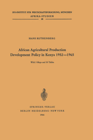 Honighäuschen (Bonn) - In volume 2 of the "Afrika-Studien" an appraisal of the agricultural development policy in Tanganyika (now Tanzania) from 1950 to 1963 was made. This report is a continuation of the work in East Africa, with the emphasis lying on a tentative quantitative assessment of costs and benefits of smallholder development. There are few countries in Africa south of the Sahara where as many and as various measures for the promotion of small holder farming have been tried as consistently and intensively as in Kenya. In particular the "Swynnerton Plan" led to the employment of substantial sums in African farming. Some of the approaches have been highly success ful, others not. It is the purpose of this report to inform about aims and institutions, methods and difficulties, costs and benefits. Prof. Dr. EMIL WOERMANN Institut fiir landwirtschaftliche Betriebs- und Landarbeitslehre, Gottingen Acknowledgements As usual with reports of this nature, my main debt is to a great number of smallholders, settlers, scheme managers, Agricultural Officers and Instruc tors who so willingly discussed their problems with me and thus provided the information on which this report is based. I am most grateful for the support rendered by the various Departments of the Kenya Government. A debt of gratitude is owed particularly to the Fritz Thyssen Foundation, Cologne, which provided the funds and to the Ifo-Institute, Munich, which provides the institutional framework for German economic research work in East Africa. Most valuable advice and criticism was given by Mr. ]. D.