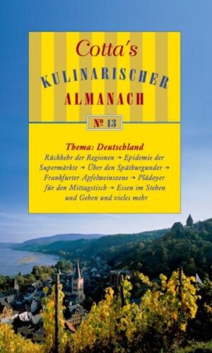 Nach den hochgelobten Bänden über Frankreich und Italien ist nun Deutschland an der Reihe. Hanns-Joseph Ortheil unternimmt einen Gang über den typischen deutschen Lebensmittelmarkt, während Hans-Ulrich Grimm die interessantesten Informationen über die Epidemie der Supermärkte zusammenstellt. David Wagner blättert launig in seinem Kartoffellexikon. Dirk Schümer und Birgit Pauls gehen auf die Reise und liefern einen verführerischen Text über Baden, Schlemmen und Trinken in Baden-Baden. Auch in Köln und Hamburg oder in bayerischen Wirtshäusern schauen unsere Autoren vorbei, ebenso kommen Frankfurter Apfelweinlokale und Berliner Menüs auf den Prüfstand. Es geht in diesem Almanach um die kulinarische Revolution von unten, aus den eigenen Wurzeln und Traditionen. Das Wein-Kapitel ist bestückt mit deutschem Spätburgunder, heimischen Rotwein-Cuvées und Sekt, dazu schreibt Stuart Pigott über eines der deutschen Herzstücke, den »Geist der Mosel«. Vielleicht sollte man ab und zu etwas nachdenken über das Essen und Trinken. Wie kurzweilig das sein kann, zeigt Hannelore Schlaffer mit ihrem Blick auf das »Essen im Stehen und Gehen«. Michael Klett hält beherzt dagegen und plädiert für den gepflegten Mittagstisch.