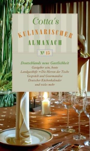 In Deutschland entsteht eine neue Kultur des Essens, des Genießens und der Gastlichkeit. Der Landgasthof als Attraktion einer Region, das private Essen für Gäste, eine interessantere Art des Kochens: die Gegentrends zum Fastfoodtrash werden immer selbstbewusster. In zwei großen Kapiteln nimmt der Almanach diesen Trend auf. Im ersten werden alle Komponenten einer gelungenen Einladung vorgestellt: die Aufgaben des Gastgebers, die Wahl von Speisenfolge, Geschirr und Besteck, von Kleidung und Ambiente. Im zweiten Teil wird das Thema Gastlichkeit landesweit und im internationalen Vergleich vorgestellt: Michael Klett schreibt über das Hohenloher Landgasthaus. Münchner, Wiener und oberfränkische Gastlichkeit werden analysiert (mit Tipps!), Rom, Paris und Skandinavien werden mit kenntnisreichen Essays zum Vergleich herangezogen. Doch auch die beliebten und eingeführten Rubriken fehlen nicht. Der durchs kulinarische Jahr führende Küchenkalender und die Weinverkostung: Ingo Swoboda macht sich Gedanken über den »Mythos des deutschen Weins«, Franken und Long Island sind die beiden Weinregionen, die uns besonders interessieren.