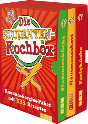 Was ist Studenten beim Kochen wichtig? Es sollte vor allem lecker und nicht allzu kompliziert sein. Daneben sollte es schnell gehen, preiswert sein, Eindruck schinden, die ganze WG satt machen und auf der nächsten Party einen Hit landen. Das gibt’s nicht? Doch! Mit den drei Kochbüchern der Studenten-Kochbox gibt es für jeden Anlass, für jeden Wunsch und für jeden Geschmack das perfekte Rezept, von heftig deftig bis sündig süß. Die Titel „Hausmannskost“, „Studentenküche“ und „Partyküche“ liefern über 300 Vorschläge, unter denen sicher einige Gerichte dabei sind, die in der WG-Küche zu neuen Lieblingsessen avancieren. Mit ausführlichen Anleitungen und brillanten Farbfotos zu jedem Rezept kann auch bei Anfängern nichts anbrennen, und manch einer wird den Hobbykoch in sich entdecken.