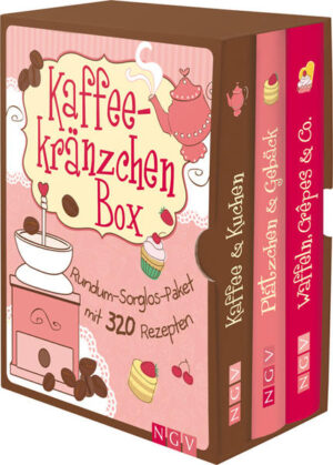 Alles für einen unvergesslichen Nachmittag! Kaffee, Kuchen, klönen – was gibt es Schöneres, als mit ein paar guten Freundinnen an einem liebevoll gedeckten Tisch zu sitzen, süße Leckereien zu naschen und den Nachmittag zu verplaudern? In diesem liebevoll gestalteten Schuber finden Sie die besten Rezepte für alles, was zu einem richtigen Kaffeeklatsch gehört! Die 3 Rezeptbücher ""Kaffee & Kuchen"", ""Plätzchen & Gebäck"" und ""Waffeln, Crêpes & Co."" bieten feinste Teilchen, Kuchen und Torten über leckere Waffeln und knusprige Plätzchen bis zu aromatischen Kaffeegetränken. Holen Sie Kuchenplatte, Etagere und Kaffeetassen heraus und freuen sich auf Aprikosen-Ricotta-Törtchen, Schoko-Beeren-Torte, Zimtwaffeln mit Mohn, Cappuccino-Kipferl, wüzigen Kardamom-Kaffee und vieles mehr. - 3 Rezeptbücher für einen gelungenen Kaffeeklatsch im liebevoll gestalteten Schmuckschuber - Über 320 Rezepte von feinsten Teilchen, Kuchen und Torten über leckere Waffeln und knusprige Plätzchen bis zu aromatischen Kaffeegetränken - Jedes Rezept mit brillantem Farbfoto und verständlicher Schritt-für-Schritt-Anleitung"