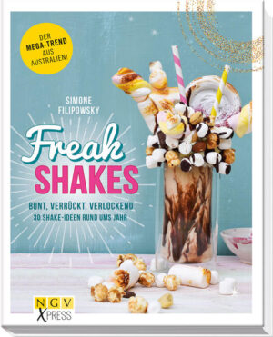 Der Mega-Trend aus Australien • Bunt und verrückt: 30 Freak Shakes für süßen Genuss ohne Ende • Freak Shakes oder Monster Shakes sind Mottopartys im Glas • Freaky durchs Jahr, vom frühlingshaften UNICORN FREAK SHAKE über den sommerlichen FUNFETTI KIDS bis zum scary HALLOWEEN MONSTER SHAKE • Jedes Rezept mit brillantem Farbfoto Liebe Foodies, alle mal bitte den Trend-Rechner rausholen, Klassenarbeit! Was ergibt ein Milchshake plus Eiscreme plus Sirup plus Sahne plus Cookie Dough plus Gebäck plus Früchte plus Liebesperlen? Klare Sache: eine echte Mottoparty im Glas - und damit eine Gleichung, die garantiert für jeden Süßfan aufgeht. Die Rede ist von Freak Shakes oder Monster Shakes - dem ultimativen Food-Trend für Naschkatzen. Im Frühling sehen wir mit ETON MESS und jeder Menge Erdbeeren mit Baiser alles durch die rosarote Brille, im Sommer wird's mit Himbeeren und weißer Schokolade einfach BERRYLICIOUS, im Herbst fahren wir auf der ROCKY ROAD mit gerösteten Marshmallows, bis wir im Winter schließlich LOST IN CHOCOLATE sind. Wir meinen: Milchshakes sind so 90er. Heute genießen wir Freak Shakes und müssen uns nicht mehr zwischen Gebäck, Eis, Creme und Milchshake entscheiden. Wir naschen einfach alles zusammen, und das schmeckt mindestens so umwerfend gut, wie es aussieht.