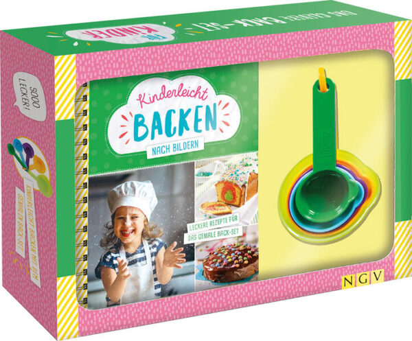 Kinderleicht backen nach Bildern -Gute-Laune-Back-Set für Kinder ab 6 Jahren: liebevolles Backbuch mit kindgerechten Rezepten und über 250 Schritt-für-Schritt Fotos plus 5 bunte Messbecher zum einfachen Abmessen der Zutaten -Mit den 5 bunten Bechern ist das Abmessen der Zutaten für die Kleinen kinderleicht und ein Riesenspaß - eine Waage wird nicht benötigt - Das dicke Backbuch enthält viele leckere Rezepte, die die Kleinen nahezu alleine nachbacken können: Schokokuss-Popcorn-Torte, Schmetterlingskuchen, süße Kekse am Stiel, Waffeln, Muffins und vieles mehr -Alle Rezepte werden Schritt für Schritt genau erklärt