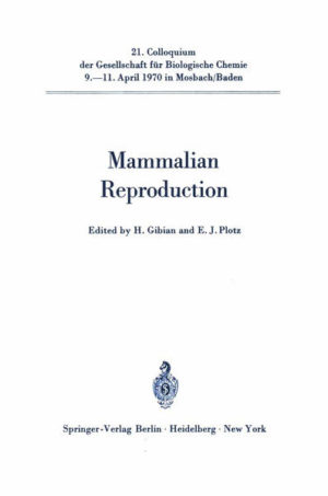 Honighäuschen (Bonn) - It is two years since a general meeting of the Gesellschaft fur Biologische Chemie first requested us to organize the 21 st Mosbach Colloquium on mammalian reproduction, and one year since we received final authorization to do so. The present volume contains the papers read at the Colloquium, but the discussions have been omitted because writing and proof reading them would have delayed the appearance of this volume for an unjustifiable long time. Besides, in most cases the discussion was of a relatively specific nature and we did not consider it essential, bearing in mind that the purpose of the Mosbach Col loquia is to provide advanced further education for the non specialist. One of us has referred to this and to the topical structure of the 21 st Colloquium in the introductory and final remarks. Helpful suggestions for organizing the program were made by some of the invited speakers, but the first important impulses VON BERSWORDT-WALLRABE, Dr. ELGER, Dr. came from Dr. GERHARDS, Dr. NEUMANN, and Dr. UFER to whom we here wish express our thanks. Thanks are also due to those whose donations, some of which were very generous, made it financially possible to organize the Colloquium. HEINZ GIBIAN July 1970 ERNST JURGEN PLOTZ Contents Introduction. H. GIBIAN (Berlin) 1 General Outline about Reproductive Physiology and its Developmental Background. A. JOST (Paris) .. 4 The Significance of Hormones in Mammalian Sex Differentia tion as Evidenced by Experiments with Synthetic Andro gens and Antiandrogens. W. ELGER, F. NEUMANN, H.