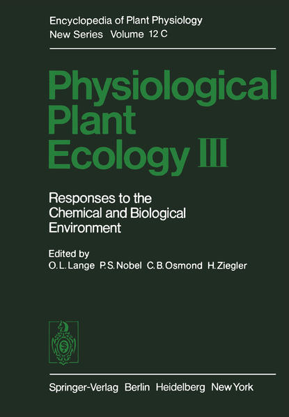O.L. LANGE, P.S. NOBEL, C.B. OSMOND, and H. ZIEGLER Growth, development and reproductive success of individual plants depend on the interaction, within tolerance limits, of the factors in the physical, chemical and biological environment. The first two volumes of this series addressed fea tures of the physical environment (Vol. 12A) and the special responses of land plants as they relate to water use and carbon dioxide assimilation (Vol. 12B). In this volume we consider specific aspects of the chemical and biological envi ronment, and whereas the previous volumes were primarily concerned with the atmospheric interactions, our emphasis here shifts very much to the soil. This complex medium for plant growth was briefly reviewed in Chapter 17, Volume 12A. Since it is difficult to determine the precise physical and chemical interactions in the soil, it is even more difficult to determine the important biological interactions among organisms. Nevertheless there is growing aware ness of the significance of these interactions and their effects on physiological processes in the individual plant.
