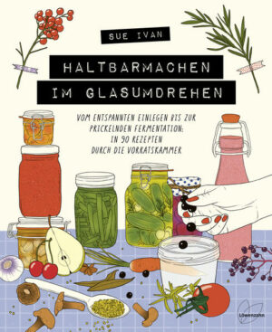 DIESES BUCH WIRD KLIMAPOSITIV HERGESTELLT, CRADLE-TO-CRADLE GEDRUCKT UND BLEIBT PLASTIKFREI UNVERPACKT. Wenn es dein Garten mal wieder zu gut mit dir meint, deine Augen für das Gemüse am Wochenmarkt größer waren als Platz in deinem Bauch ist oder du mit dem Verkochen der knackigen Leckerbissen aus der Gemüsekiste nicht hinterherkommst - kurz: Wenn dich DER SOMMER IN SEINER GANZEN ERNTEPRACHT ERWISCHT und am Ende der Woche immer noch zu viel OBST, GEMÜSE UND KRÄUTER übrig sind, dann gibt es nur eine Lösung. Ran an die Töpfe und ab damit ins Glas - also, um genau zu sein: ins EINMACHGLAS. Das HALTBARMACHEN VON LEBENSMITTELN ist mittlerweile wieder mega en vogue. Denn: Wir stehen auf SAISONALITÄT, die KNACKIGSTEN FRÜCHTE und überhaupt - VERSCHWENDUNG WAR GESTERN. Das Tollste daran: Du musst auch im Winter nicht auf den süßesten Johannisbeersirup oder den superaromatischen eingelegten Rotkohl mit Ingwer verzichten und kannst dich DAS GANZE JAHR ÜBER AM INTENSIVEN GESCHMACK SONNENGEREIFTER FRÜCHTE ERFREUEN. BRING DIE EINKOCHTÖPFE ZUM ÜBERSCHWAPPEN UND DIE GLÄSER ZUM LEUCHTEN Ob EINMACHEN, EINKOCHEN, HEIßABFÜLLEN, DÖRREN, TROCKNEN, EINLEGEN, EINFRIEREN ODER FERMENTIEREN: Viele Wege führen in deinen Vorratsschrank und du kannst deine ERNTESCHÄTZE MIT DEN VERSCHIEDENSTEN METHODEN INS GLAS VERFRACHTEN. Welche Techniken sich am besten für TOMATEN, STEINPILZE UND CO. eignen und wie sie im Detail funktionieren, erfährst du in diesem Buch. Und nicht nur das: Die Autorin Sue Ivan verrät alle TIPPS UND TRICKS RUND UM DAS THEMA HALTBARMACHEN: Wie du die frischen Früchtchen am besten LAGERST, wenn dein Kühlschrank aus allen Nähten platzt, welche HYGIENEVORSCHRIFTEN in der Einkoch-Küche herrschen und welche FAILS du getrost vermeiden kannst, weil sie die Autorin schon mal für dich gemacht hat. On top: Jede Menge interessantes Hintergrundwissen rund um ÜBLE KEIME UND MIKROORGANISMEN. 50 SHADES OF KNALLBUNT: ROCK DEINE VORRATSKAMMER Und wenn du mit den Basics erst einmal durch bist, dann gehts richtig los: Entdecke in 80 REZEPTEN die außergewöhnlichsten, süßesten und würzigsten Aromen, die knalligsten Farben, EXPERIMENTIERFREUDIGSTEN KOMBINATIONEN UND ALL-TIME FAVORITES. Denn nichts kommt gegen eine selbst eingekochte Pastasauce an, aus den superreifsten und fruchtigsten Tomaten aus deinem Garten. Und jetzt: Halt die Einmachgläser bereit und mach dich ran ans ERNTEN UND EXPERIMENTIEREN. Ob Kälteschock, Wüstenlook oder so richtig heiß gemacht und abgefüllt: Es gibt viele verschiedene Methoden, dein Obst und Gemüse haltbar zu machen. Wage dich SCHRITT FÜR SCHRITT VOR IN DAS UNGLAUBLICH GESCHMACKSINTENSIVE UNIVERSUM DER LEBENSMITTELKONSERVIERUNG. Also los, ab ins Glas und Deckel drauf!  NEXT LEVEL: VORRATSKAMMER! Alles, was du wissen musst, um deine Ernte (oder die deiner Lieblingsbäuerin) supereasy ins Glas zu verfrachten.  STEP BY STEP ZUR EINKOCHQUEEN UND ZUM DÖRRPROFI: bürsten, lagern, schnippeln und ab mit Gemüse & Co. in den Einkochtopf - oder auf die Wäscheleine.  SPRITZIGER BEERENSIRUP ODER EINGELEGTE PAPRIKA SÜß-SAUER? Verwandle deine Früchtchen in 80 REZEPTEN zu geschmacksbombastischen Köstlichkeiten. "Haltbarmachen im Glasumdrehen" ist erhältlich im Online-Buchshop Honighäuschen.