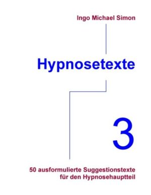 Honighäuschen (Bonn) - Dieses Buch ist der dritte Band der Reihe Hypnosetexte. Jeder Band enthält fünfzig vollständig ausformulierte Hypnosehauptteile zu interessanten und in Hypnosepraxen häufig behandelten Themen und Problemen. Viele Hypnotiseurinnen und Hypnotiseure haben ihre routinierten oder speziellen Einleitungs- und Vertiefungswege, oft auch alternative Tranceführung mit Hilfe von Trommeln, Gongschlägen oder Atemtechniken. Die Texte dieses Buches können problemlos als Hauptteile in jede Form von Hypnose eingebaut werden, da der Weg in die Trance und wieder zurück zum tageswachen Zustand beliebig ergänzt werden können. Das Buch enthält jeweils mindestens zwei Hauptteile pro Thema. Es kommen sowohl klassische Suggestionstexte als auch kreative Visualisierungen, ideomotorische Elemente und Fantasiereisen vor, um der Vielfalt der Möglichkeiten und Bedürfnisse der Praxis möglichst gerecht zu werden. Behandelte Themen: Abschalten am Feierabend, Arbeitsplatzwechsel, Allergie, Essstörung (Anorexie), Führerscheinprüfung, Gedankenmuster auflösen, Gedankenstille, Geduld, Heilzahlenhypnose, Körperentspannung, Magengeschwür, Motivationstraining, Psychosomatik, Reiseangst, Selbstliebe, Seminarleiter werden, Sucht (Alkohol), Unausgesprochenes, unerfüllte Wünsche, Wutkontrolle, Zahnarztphobie.