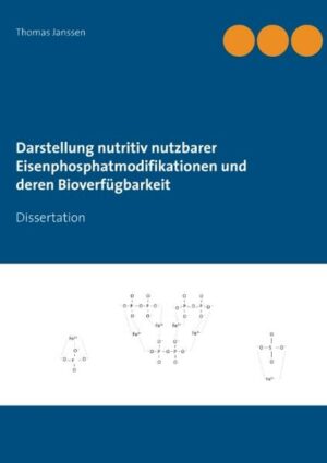 In der Dissertation wurden vier Versuche zur Ermittlung der relativen Bioverfügbarkeit drei neuer Eisenphosphatmodifikationen in Bezug auf Eisen(II)-sulfat-heptahydrat beschrieben. Dazu zählen zwei in vitro-Versuche inkl. eines Zellkulturmodells (CaCo-II) sowie zwei in vivo-Versuche am Modelltier Schwein zum Vergleich mit den in vitro-Versuchen. Zu den untersuchten Modifkationen gehörten ein Eisen(III)-diphosphat, ein Eisen(III)-orthophosphat sowie eine feinst vermahlene Eisen(III)-orthophosphatpaste.