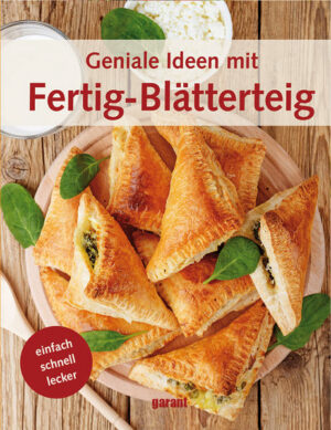 Ob herzhaft oder süß, zum Knabbern oder fürs Familienessen  aus Blätterteig lassen sich die köstlichsten Gerichte zaubern. Und mit Fertig-Blätterteig aus der Tiefkühltruhe oder dem Kühlregal sind die knusprigen Leckereien ruckzuck zubereitet. Probieren Sie schmackhafte Rezepte mit Fleisch und Fisch wie klassisches Filet Wellington oder eine raffinierte Quiche mit Lachs. Auch Vegetarisches mit viel Gemüse wie Spinat-Schnecken und Brokkoli-Strudel begeistern ohne viel Aufwand. Und als krönenden Abschluss gibt es schließlich süße Verführungen zu entdecken wie Birnen im Blätterteigmantel oder einen feinen Blätterteigstern mit Nussnugatcreme. Verwöhnen Sie sich, Ihre Familie und Ihre Freunde mit unkomplizierten Gerichten für jeden Geschmack. "Geniale Ideen mit Fertig-Blätterteig" ist erhältlich im Online-Buchshop Honighäuschen.