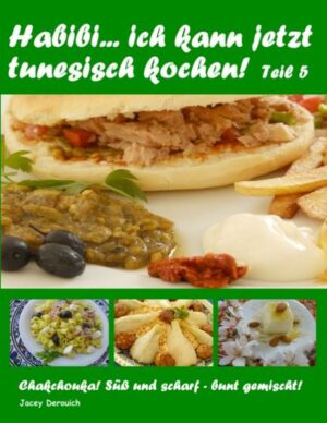 Die Kochtöpfe sind wieder geöffnet auf der kulinarischen Reise durch Tunesien. Im fünften Teil von "Habibi, ich kann jetzt tunesisch kochen!" wird querbeet der Kochlöffel geschwungen. Ob süß oder salzig, mild oder scharf, aus allen Bereichen und Regionen ist etwas dabei. Ein herzhafter Snack, ein gut gewürztes Hauptgericht oder ein süßes Dessert. Einfach die Augen schließen und sich beim Genuss der Speisen mit allen Sinnen wie in Tunesien fühlen! Der Duft der tunesischen Küche ist endlich zurück! Guten Appetit und Shahiya Tayiba! "Habibi... ich kann jetzt tunesisch kochen! Teil 5" ist erhältlich im Online-Buchshop Honighäuschen.