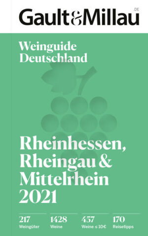 Der Gault&Millau Weinguide „Rheinhessen, Rheingau & Mittelrhein“ ist nach den ersten drei Ausgaben „Baden & Württemberg“, „Pfalz“ und „Franken, Nahe & Ahr“ die 4. Fortsetzung der Weinguide-Serie durch die deutschen Anbaugebiete. Ein kulinarisches Kurzurlaubsprogramm, das zum Besuch in die Regionen einlädt. Im Mittelpunkt stehen Weine und Winzer sowie deren Tipps für Restaurants, Gasthöfe, Weinstuben, Vinotheken und Empfehlungen zu Spezialitäten der Regionen. Der Regionalguide Rheinhessen, Rheingau & Mittelrhein bietet insgesamt 217 Weingüter, 1.428 Weine, 457 Weine bis 10€ und 170 Reisetipps. Das Expertenteam um Otto Geisel bewertet und beschreibt über 1.400 Weine aus den Anbaugebieten Rheinhessen, Rheingau & Mittelrhein. Verkostet wurde blind, geordnet nach Rebsorten, Herkunft und Gewichtsklassen. Mit dem neuen Gault&Millau Weinguide Rheinhessen, Rheingau & Mittelrhein 2021 lässt sich ein genussvoller Kurzurlaub in diese Weinregionen bestens vorbereiten.