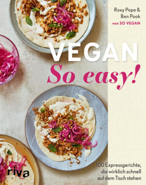 Veganes Essen in Rekordzeit Dieses vegane Kochbuch überzeugt sowohl Veganer als auch Menschen, die sich vegetarisch oder omnivor ernähren, mit 100 schnellen und einfachen pflanzenbasierten Rezepten. Die Kapiteleinteilung ist äußerst praktisch: Rezepte, für die man 15 Minuten oder weniger, 15-30 Minuten oder auch mal 30 Minuten oder mehr benötigt. Egal, ob für den Feierabend, den hektischen Familienalltag oder das Last-Minute-Dinner mit Freunden - im Handumdrehen lassen sich bunte Salate, duftende Currys oder kreative Bowls zaubern, die reich an Gemüse, Proteinen und Nährstoffen sind. Die abwechslungsreichen Rezeptideen der erfolgreichen Blogger Roxy Pope und Ben Pook von So Vegan mit über 1,6 Millionen Fans sind zu 100 Prozent pflanzlich und damit nachhaltig, die Zutaten preiswert und leicht erhältlich. Ohne großen Aufwand sind die vielseitigen, modernen und leckeren Pfannen- und Reisgerichte, Eintöpfe, Sandwiches und Süßspeisen fix zubereitet, oft mit glutenfreien Alternativen. Vegan essen war noch nie so easy!