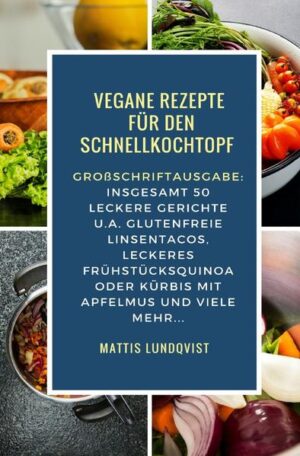 Großschriftausgabe - für leichtere Lesbarkeit Leckere Gerichte aus dem Schnellkochtopf? Wenn Sie auf der Suche nach einer schnellen und einfachen Möglichkeit sind, Ihre Gäste mit zauberhaften Gerichten aus dem Schnellkochtopf zu verwöhnen, sind Sie hier genau richtig. Enthaltene Gerichte: Apfel Kürbis Suppe Blumenkohlreis mit Koriander und Zitrone Bohnenmus Cremige Kartoffel-Lauch Suppe Einfache Apfelkrümel Einfache Gedämpfte Süßkartoffeln Einfache Karotten-Lauch Suppe Einfacher, gedämpfter Rosenkohl Einfacher Reis mit Erbsen Erbsen-Mais Risotto Feine Brokkoli-Blumenkohl Suppe Feine Süßkartoffelsuppe mit Karotten Frühstückshaferbrei Frühstücksreispudding Gedämpfte Kartoffelecken Gerstenpilzrisotto Gewürzkartoffeln Glutenfreie Linsentacos Glutenfreies Porridge Grünen Bohnen leicht gemacht Herzhafte Spinat-Linsen Suppe Hirseporridge Ingwer-Karottensuppe Kartoffel-Karotte-Mais Mix Kidneybohnen mit Reis Knoblauchkichererbsen Knoblauchreis Knoblauch Tomaten Bohnen Kohl-Linsen Suppe Koriander-Avocado Reis Köstliche Apfelsauce Kürbis mit Apfelmus Kürbissuppe mit Paprika Leckere Käsenudeln Leckeres Dampfgarbrokkoli Leckeres Frühstücksquinoa Linsen-Reis Bowl Mungbohnen mit Reis Pilzrisotto Schnelle und einfache Pasta Schnelles Süßkartoffelgratin Selbstgemachte Baked Beans Spalterbsencurry Spalterbsensuppe Spinat-Kürbis Risotto Süßer Brauner Reis Süßkartoffelkasserolle Süß-Scharfer Spaghetti Tomaten-Bohnensuppe mit Sellerie Veganer Kartoffelbrei Zwiebelsuppe mit Kartoffeln