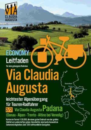 Radroute Via Claudia Augusta + GPX-Track auf www.viaclaudia.org Variante 2 von 2 "Padana" Bayerische Donau - Lech - Tiroler Alpentäler - Etschtal - Gardasee - Verona - Ostiglia am Po (alternativ gibt es auch einen Radführer zur "Altinate" von der bayerischen Donau bis Altino bei Venedig) leichtester Alpenübergang für Tourenradfahrer beliebteste grenzüberschreitende Radtour der Deutschen vier Sterne des ADFC Radreisende von allen Kontinenten zwischen 5 und 93 Jahren Leitfaden für eine gelungene Radreise ECONOMY = alle Karten in Farbe; praktische Spiralbindung (alternativ gibt es auch PREMIUM = alle Karten