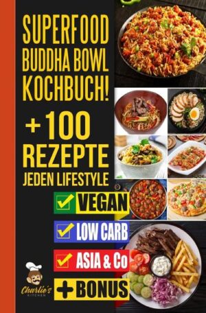 DAS SUPERFOOD Buddha Bowl Kochbuch - (AUCH für VEGETARIER & VEGANER) + Abnehmen ohne Hungern & Sport Was erwartet Sie in diesem Buch? (ACHTUNG: Zusammenfassung in nur EINEM SATZ) Wer sich die Artikelbeschreibung komplett ersparen möchte, für diejenigen versuche ich mein Buch in einem Satz zusammenzufassen: Sie machen eine Diät OHNE ES ZU MERKEN, bzw. OHNE AUF IHRE GEWOHNTEN GERICHTE VERZICHTEN ZU MÜSSEN! Für diejenigen, die eine ausführlichere Anleitung wünschen, werde ich in diesem Text eine knappe Einführung in meinem Buch schenken. Wie bereits angedeutet, bekommen Sie hier genau die Kochrezepte serviert, die Sie in der Regel vermeiden sollten, jedoch in einer gesunden Variante, wo diese ohne Konsequenzen verzehrt werden können. Sie machen quasi „keine Diät“ und können z.B. trotzdem von einer Gewichtsreduktion profitieren und, oder Muskulatur aufbauen, genauso können Sie sich auch einfach nur gesund ernähren, ohne dadurch auf irgendeiner Art und Weise darunter zu leiden. Genau deswegen habe ich dieses Buch geschrieben, denn hier bekommen Sie ALLE GERICHTE die Sie in einer Diät„nicht essen dürfen“ jedoch in einer GESÜNDEREN Variante auf einem Silber Tablet, bzw. innerhalb eines E-Book, oder Taschenbuch serviert. Welche Rezepte kommen vor? (Beispiele)? Alle Varianten vorhanden wie VEGANE & VEGETARISCHE, LOW CARB, KETOGENE von: REIS-SPIEGELEI BOWLTELLER BREAKFAST SPECIAL BOWL VEGAN PIZZA BOWL SPECIALE VEGANE RAMEN TELLER ,,PIZZA” BOWLE (Überaschung) Passende Desserts zu BUDDHA BOWL (BONUS) Herzlichst, Ihr Charlie’s Kitchen Team.