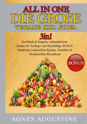 All in One: Die große vegane XXL Fibel. Liebe Leser, ich freue mich, dass Sie sich für mein 2in1 Kochbuch & Ratgeber entschieden haben und möchte mich ganz herzlich bei Ihnen bedanken Dieses Buch ist ein Geschenk an alle, die sich mit der vegetarischen Ernährung beschäftigen und keine Lust haben, lange in der Küche zu stehen oder Zutaten suchen zu müssen. Die Zutaten in diesem Buch sind völlig leicht & simpel zu finden und Preiswert. Ohne komplizierte Zubereitungen und dennoch ein Genuss. Diese und weitere Gründe haben mich dazu bewegt dieses Buch zu schreiben und Ihnen diese Informationen als Mehrwert anbieten zu können. Lassen Sie mich eine Einführung mit den wichtigsten Punkten und interessanten Fakten präsentieren. Ob für Singles, oder die ganze Familie, hier ist für jeden etwas dabei. Kleine Einblicke in das Buch, diese Bereiche erwarten Sie •Vegane Grundbasics •Vegane Ersatzprodukte •Grundrezepte •Gluten-Laktose freie Rezepte •Gesunde „Fast-Food“ Rezepte •Meal-Preap Rezepte Bonusteil: •Muskelaufbau mit veganer Ernährung •Abnehmen ohne Hunger •Ausdauersport •Yoga •Tipps & Tricks Lasse Sie sich überraschen, was dieses magische Buch alles zu bieten hat. In meinem Buch finden Sie mehr als genug Rezepte, die das Leben versüßen und auch ebenfalls für herzhaften Genuss und großartige Gaumenfreuden sorgen. Wir wünschen Ihnen viel Spaß beim Ausprobieren der Rezepte und hoffen Sie können die gewonnene Zeit sinnvoll nutzen. Herzlichst, Ihre Agnes Augustine.