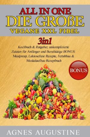 All in One: Die große vegane XXL Fibel. Liebe Leser, ich freue mich, dass Sie sich für mein 2in1 Kochbuch & Ratgeber entschieden haben und möchte mich ganz herzlich bei Ihnen bedanken Dieses Buch ist ein Geschenk an alle, die sich mit der vegetarischen Ernährung beschäftigen und keine Lust haben, lange in der Küche zu stehen oder Zutaten suchen zu müssen. Die Zutaten in diesem Buch sind völlig leicht & simpel zu finden und Preiswert. Ohne komplizierte Zubereitungen und dennoch ein Genuss. Diese und weitere Gründe haben mich dazu bewegt dieses Buch zu schreiben und Ihnen diese Informationen als Mehrwert anbieten zu können. Lassen Sie mich eine Einführung mit den wichtigsten Punkten und interessanten Fakten präsentieren. Ob für Singles, oder die ganze Familie, hier ist für jeden etwas dabei. Kleine Einblicke in das Buch, diese Bereiche erwarten Sie •Vegane Grundbasics •Vegane Ersatzprodukte •Grundrezepte •Gluten-Laktose freie Rezepte •Gesunde „Fast-Food“ Rezepte •Meal-Preap Rezepte Bonusteil: •Muskelaufbau mit veganer Ernährung •Abnehmen ohne Hunger •Ausdauersport •Yoga •Tipps & Tricks Lasse Sie sich überraschen, was dieses magische Buch alles zu bieten hat. In meinem Buch finden Sie mehr als genug Rezepte, die das Leben versüßen und auch ebenfalls für herzhaften Genuss und großartige Gaumenfreuden sorgen. Wir wünschen Ihnen viel Spaß beim Ausprobieren der Rezepte und hoffen Sie können die gewonnene Zeit sinnvoll nutzen. Herzlichst, Ihre Agnes Augustine.