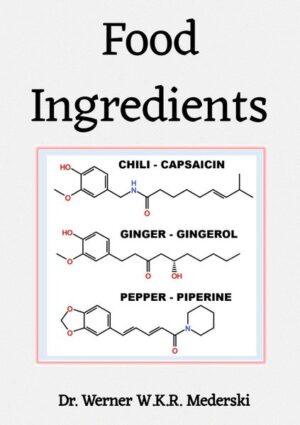 Ingredients for Food is a comprehensive reference book or compendium for [hobby] cooks, who are interested in flavors and related information on chemical structures. A total of 28 chapters present and discuss aroma compounds and their molecular structures. Emphasis is placed on the fruit flavors [Chapter 3], vegetables/salad [Chapter 11], spices [Chapter 13], herbs [Chapter 16], nuts [Chapter 19], mushrooms [Chapter 20], and wild herbs [Chapter 27]. Furthermore, there are chapters that discuss certain properties of flavors: Heating [Chapter 1], critical flavors, [Chapter 2], olfactory flavors [Chapter 4], sulfurous flavors [Chapter 5], toxicity [Chapter 6], umami/flavor enhancers [Chapter 12], and healing effects [Chapter 14]. In addition, always linked to the Chemical Structures, bitter compounds [Chapter 7], essential oils [Chapter 10], colorants [Chapter 9], fats/oils [Chapter 10], binders/hydrocolloids/emulsifiers [Chapter 15] as well as binders [Chapter 25], proteins/proteins [Chapter 21], sharpness [Chapter 23], vitamins [Chapter 26], and sugars/polysaccharides [Chapter 28] are discussed. Also presented are mixtures of spices and herbs [Chapters 17 and 18]. For those interested in structure, a chapter [24] on trivial names is provided.